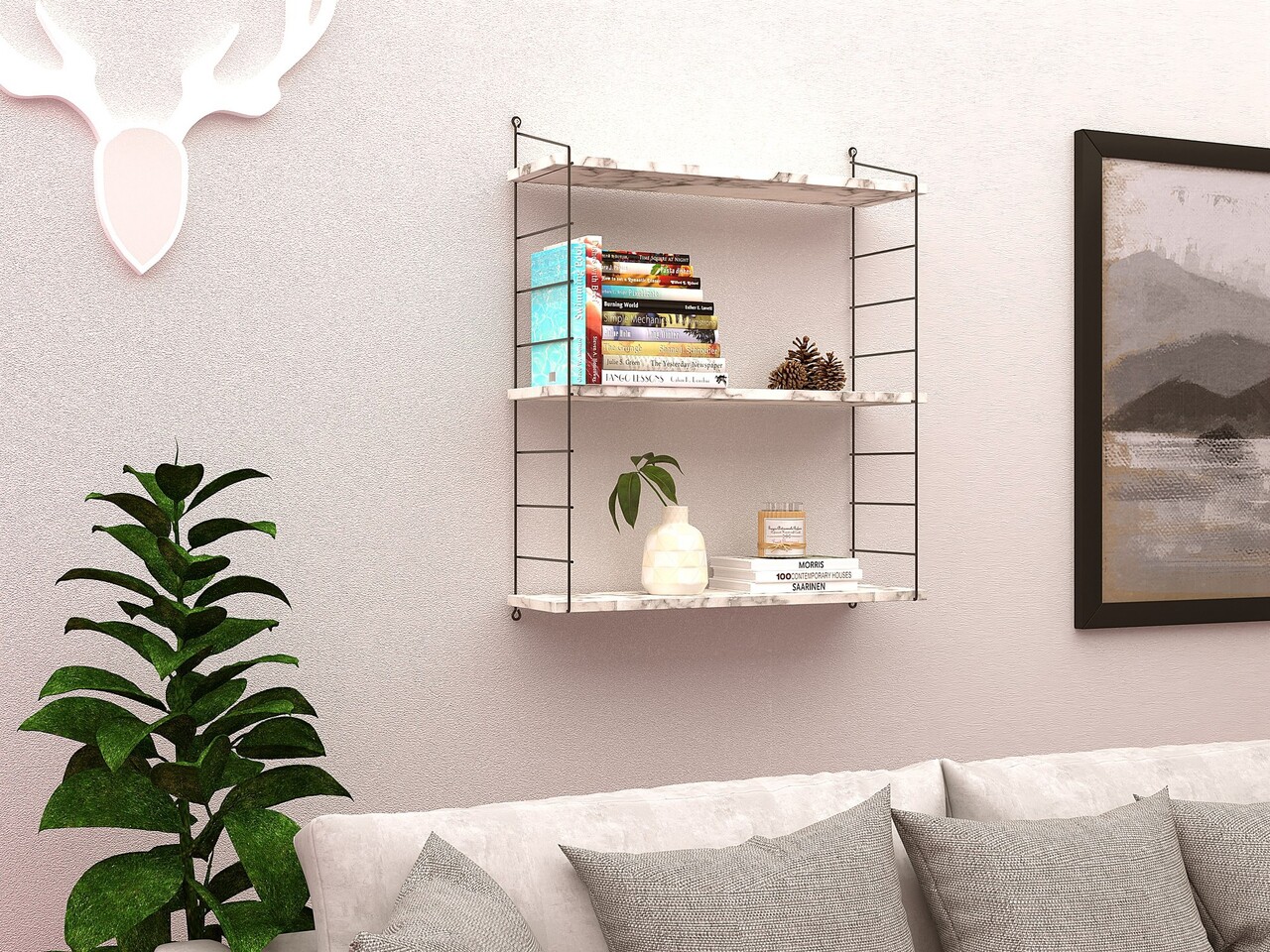 Raft de perete, Hanah Home, Armoni 3'lü, 72x85x20 cm, Marmura Carrara - imagine 5